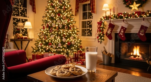 christmas fireplace with christmas tree and cookies with hot milk