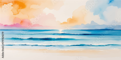 Beautiful tropical sunset landscape reflection on the beach sand and ocean water under a blue summer sky with clouds