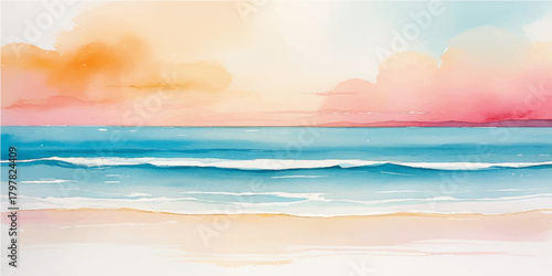 A beautiful summer sunset colors the tropical sky and reflects on the sea water near the beach, illuminating the clouds and horizon