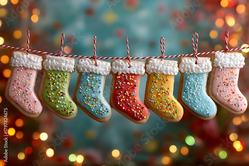 A row of Christmas stocking cookies decorated with colorful icing and sprinkles, hanging on a string against a festive background 