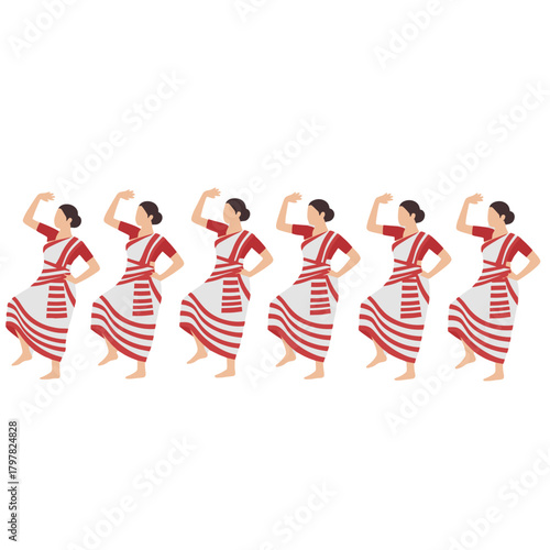 Assamese Folk Dancers in Red and White Attire