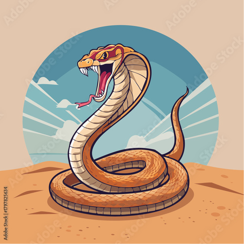 Aggressive cobra snake in desert landscape