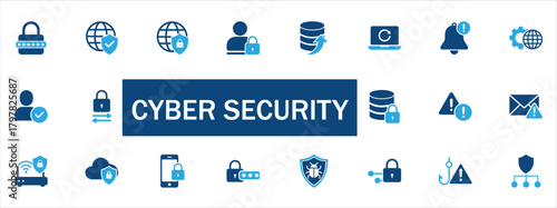 Cyber Security icon set. Featuring data protection, network safety, user access, server security, antivirus, and VPN concepts. Perfect for IT solutions, digital privacy, app and web security designs.