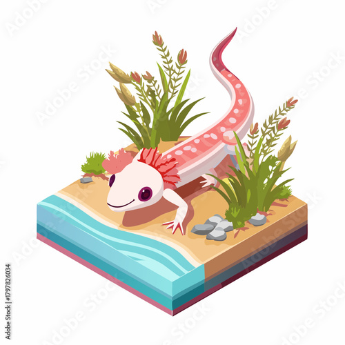 Axolotl creature on sandy shore with plants
