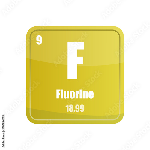 Fluorine chemical element tile. Atomic number nine. F sign Vector icon. Bright yellow square shape.