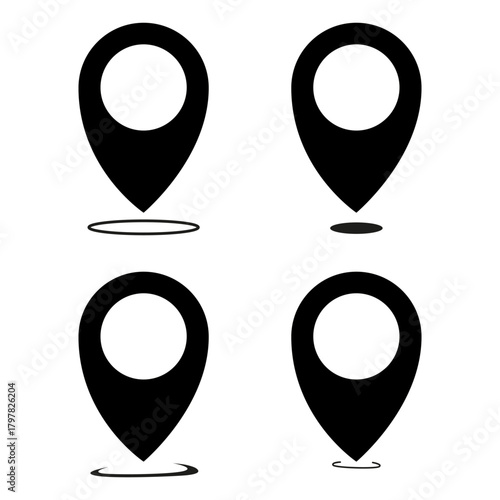 Map pins set. Location pointers. Vector navigation symbols. Blue camera home heart