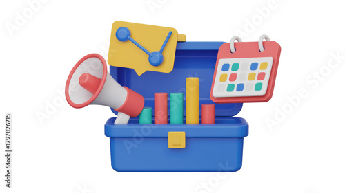 3D marketing toolbox with megaphone, bar chart, calendar, and share icon. Essential tools for business strategy, data, and communication planning. background removed