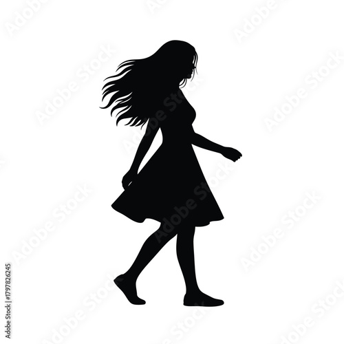 Walking woman silhouette with flowing hair, elegant side profile, confident stride vector Vector