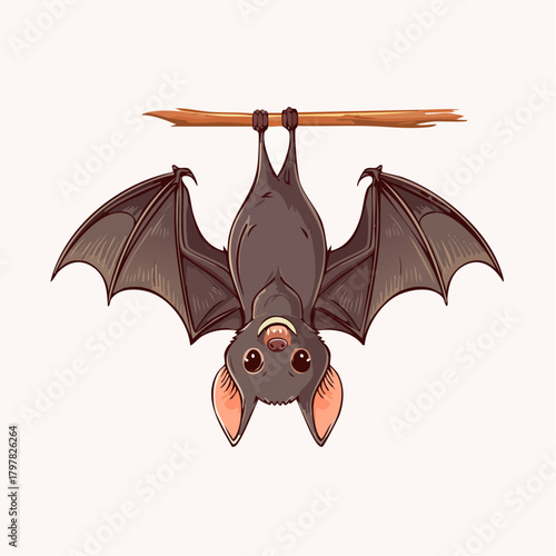 Bat hanging upside down on branch