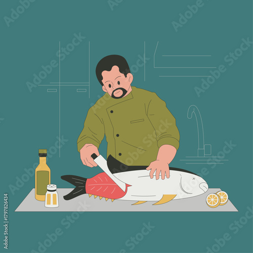 A man cutting fish new illustration