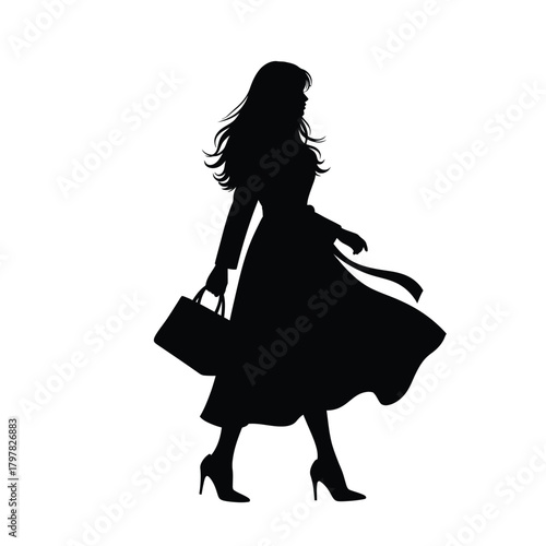 Elegant woman silhouette walking, holding handbag, stylish fashion stride, confident vector Vector