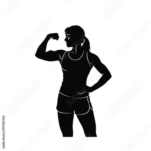 Powerful athletic woman silhouette flexing bicep, symbolizing strength, fitness and determination. Vector