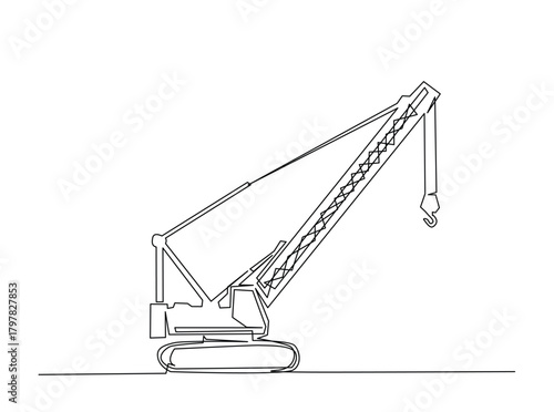 Continuous line art drawing of hydraulic crawler crane heavy vehicle. Crawler Crane in single outline illustration.