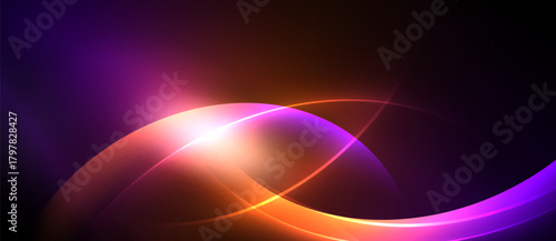 Abstract vibrant curves radiate light. Orange, purple hues blend, creating dynamic energy. Smooth shapes suggest movement, depth.