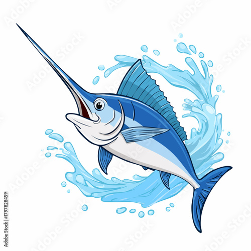 Blue marlin jumping through water splash with transparent background