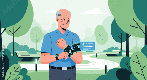 Senior Man Monitoring Health with Wearable Tech in Park Setting showcasing innovative medical