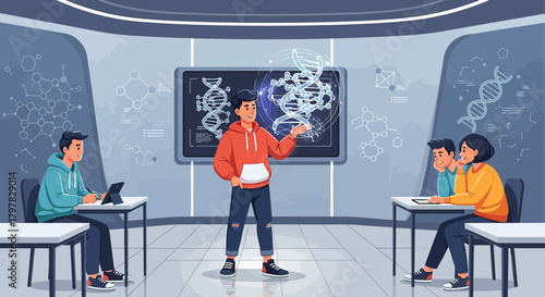 Student explaining dna structure and molecules in a modern classroom setting for science education