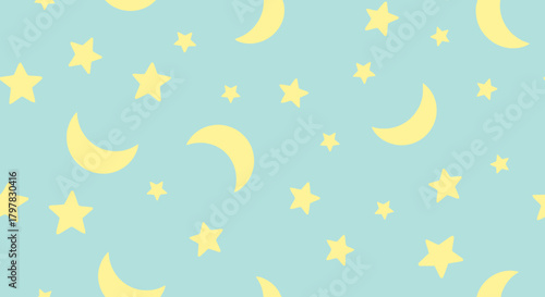 Adorable seamless pattern of a gentle night sky with cute yellow crescent moons and stars on a soft pastel blue background for children's decor
