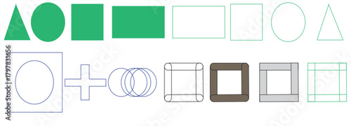 “Geometric shape collection — outlined and solid squares, circles, triangles, plus signs, and abstract overlapping forms for modern graphic design, pattern creation, and minimal vector illustration”