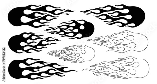 Dynamic 90s retro flames for motorcycles and hot rods classic tattoo style black and white fire silhouettes and outlines