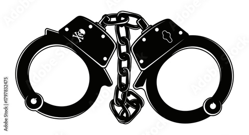 Bold black and white illustration of handcuffs symbolizing crime law enforcement and the justice system with a distinct tattoo and street art aesthetic perfect for graphic design projects