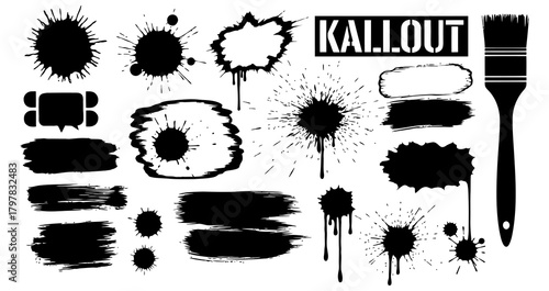 Gritty black ink splatters and brush strokes creating a distressed artistic texture ideal for graphic design elements text backgrounds and callout shapes with a raw handmade feel