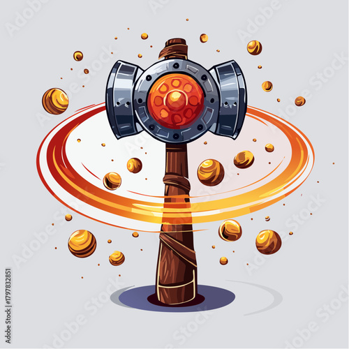 Fantasy hammer with golden orbs and magical aura