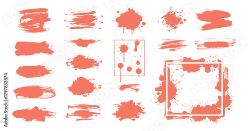 Dynamic grunge brushstroke collection featuring artistic paint splatters ink blots and dirty textures for creative design compositions and framed elements