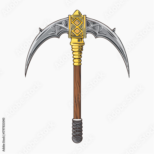 Fantasy scythe weapon with gold details