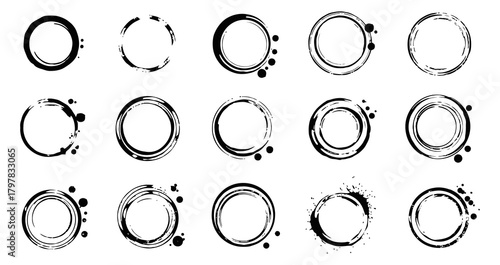 Collection of grunge circles and round coffee cup stains with ink textures perfect for creative design elements and backgrounds offering diverse abstract shapes for artistic applications