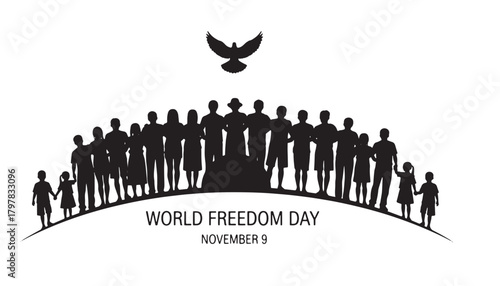 Silhouette of diverse people celebrating freedom with a dove overhead