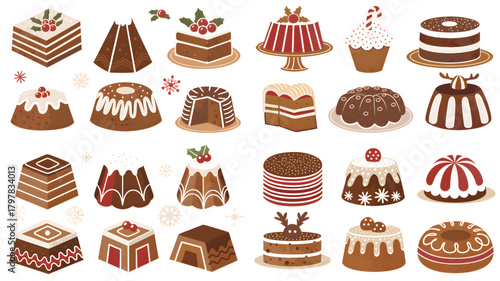 A festive assortment of christmas cakes and puddings arranged in a decorative pattern illustration