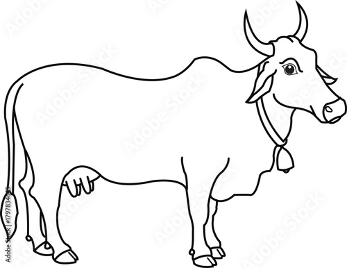 Simple line drawing of a zebu cow with horns and bell