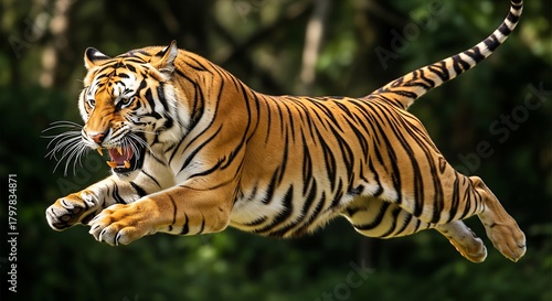 Majestic Tiger in Mid-Leap: A powerful tiger showcases its agility and predatory prowess as it leaps through the air, embodying the untamed spirit of the jungle.