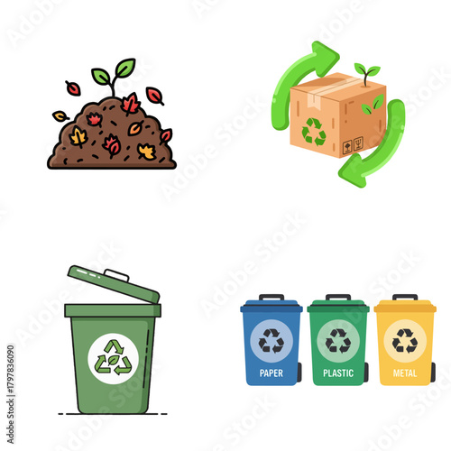 Vibrant vector illustrations promoting environmental responsibility through composting, sustainable packaging, and detailed waste segregation practices for a greener future