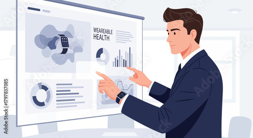 Man presenting wearable health technology data on digital display in modern office space