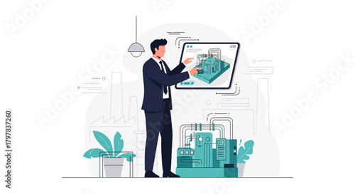 Manufacturing technology presentation, engineer using augmented reality to manage process