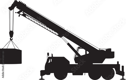 Black silhouette of a mobile crane lifting a heavy object construction