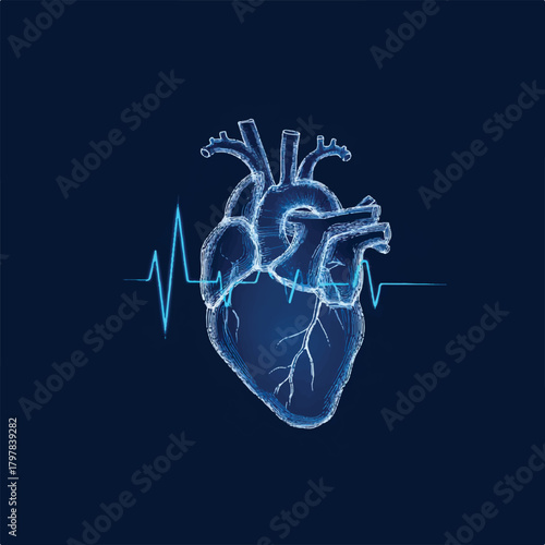 Anatomical Heart Illustration with Electrocardiogram in Blue Hue for Medical and Scientific Visualization Represents Cardiovascular Health and Technological Advancements in Healthcare