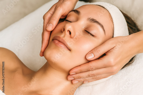 Close-up image of a woman receiving a gentle lymphatic drainage facial massage, with smooth, precise movements from the therapist’s hands enhancing relaxation and skin rejuvenation. The soft lighting