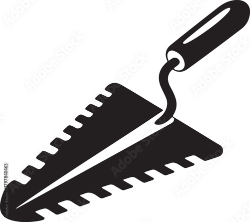 Black trowel with serrated edge and curved handle tool construction