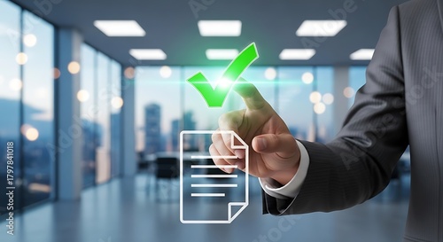 Hand touching green checkmark over document icon in modern office check mark approval