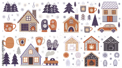 A festive winter scene with houses trees mugs mittens car and train on a white background with snowflakes