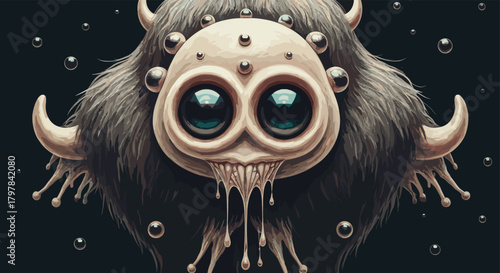 Cute Horror Monster Creature with Large Bulging Eyes, Fangs, Horns, and Fur, Drooling Saliva in Dark Fantasy Sci-Fi Digital Painting Illustration.
