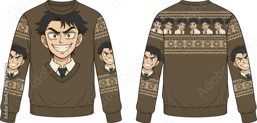Anime Character Face V-Neck Christmas Sweater Illustration with Fair Isle Pattern, Cartoon Jumper Design Template, Front and Back View CAD.