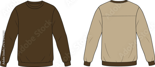 Two-Tone Crewneck Sweatshirt Technical Fashion Flat Sketch Vector Illustration with Contrast Back Yoke Seam, Front and Back View CAD Drawing.