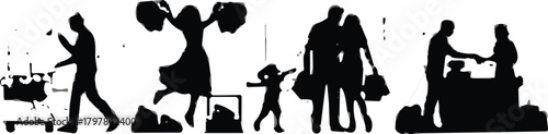 Silhouette people shopping, traveling, cheering, interacting, family walking, child with suitcase, cashier counter, everyday lifestyle, urban activity, social scene, diversity