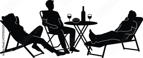 Silhouette, people, relaxing, lounge chairs, outdoor, social gathering, wine, bottle, snacks, leisure, summer, friends, casual, evening, drink, table, sitting, vacation, chill, lifestyle