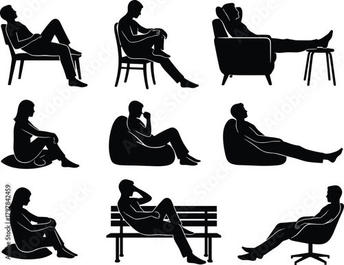Sitting silhouette bundle, black human figures, casual seated poses, ergonomic posture, chair beanbag bench, vector design, lifestyle concept, illustration