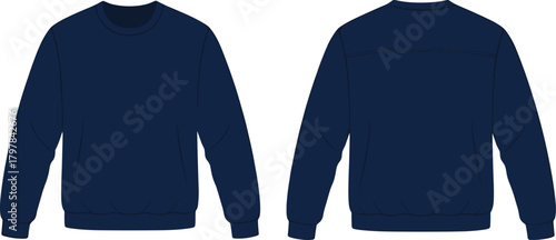 Solid Navy Blue Crewneck Sweatshirt Technical Fashion Flat Sketch Vector Illustration with Back Yoke Seam Detail, Front and Back View CAD Drawing.